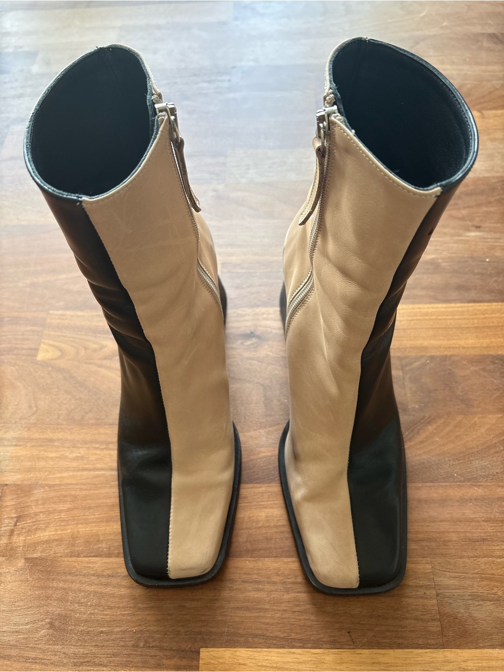 ALOHAS Two-Tone Black and Beige Square-Toe Mid-Calf Boots